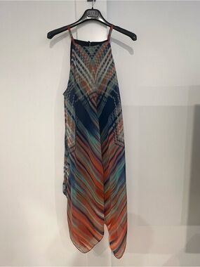MSK Multicolor Chevron Halter Maxi Dress in Navy, Orange, Teal l 14